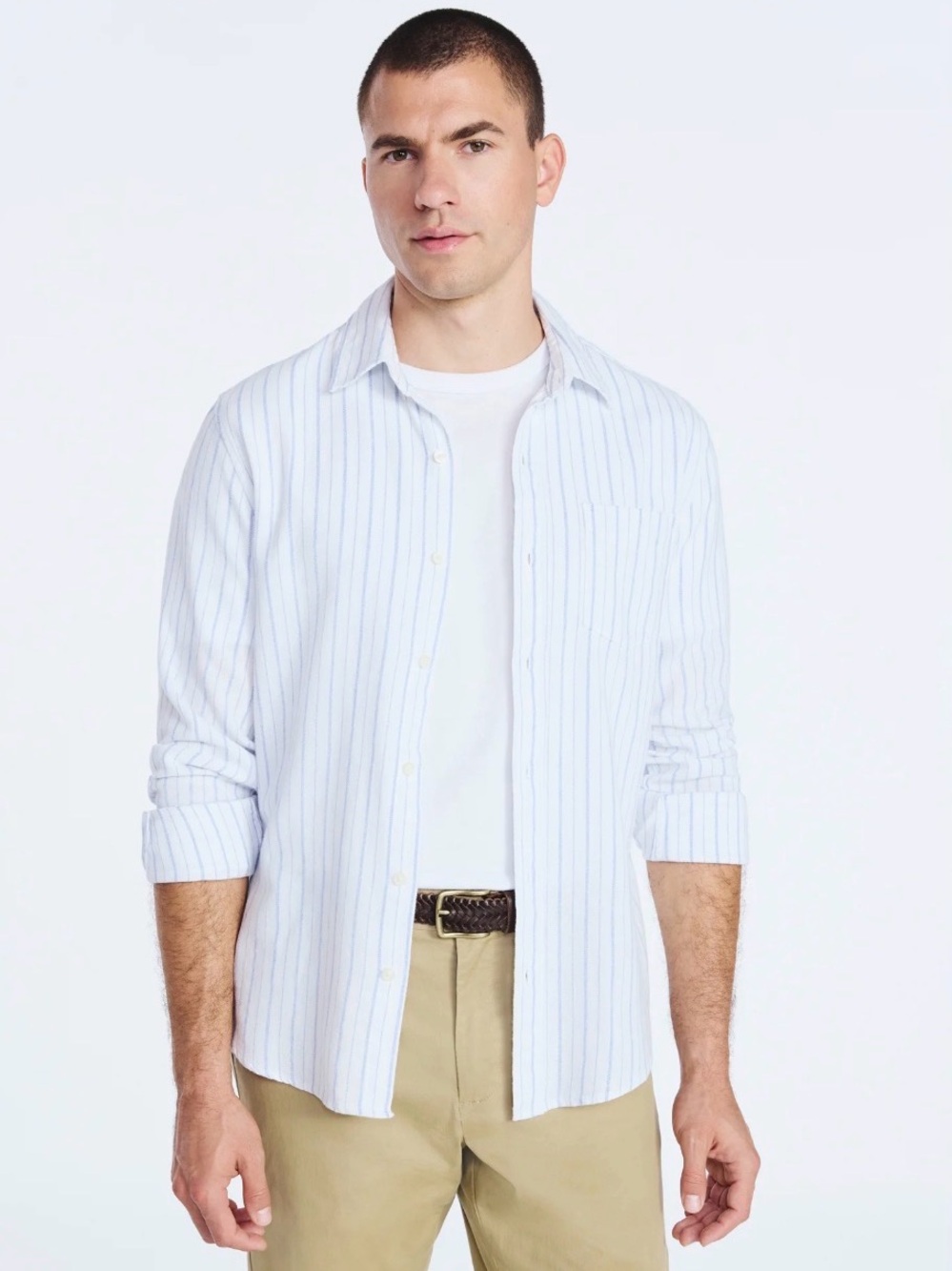 Free Assembly Cream Blue Pinstripe Button Front Flannel Long Sleeve Shirt